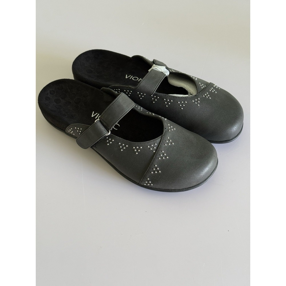 VIONIC Marjie Slip On Clog Mary Jane Womens 9 Gray Silver Studs Arch Support